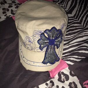 Embellished Tan Cap with Blue Cross Design